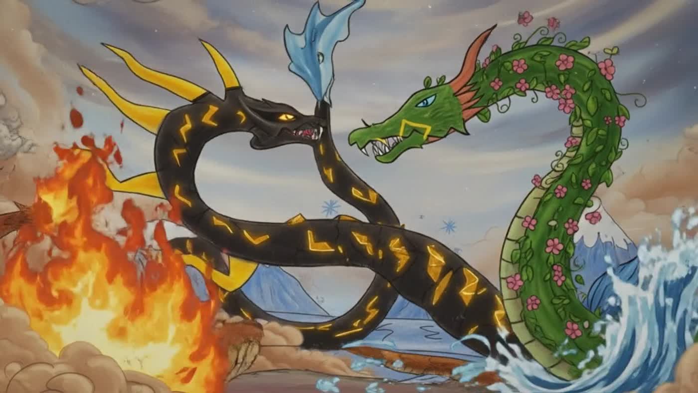 Ember and Tide, two dragons entwined, one of fire and one of water
