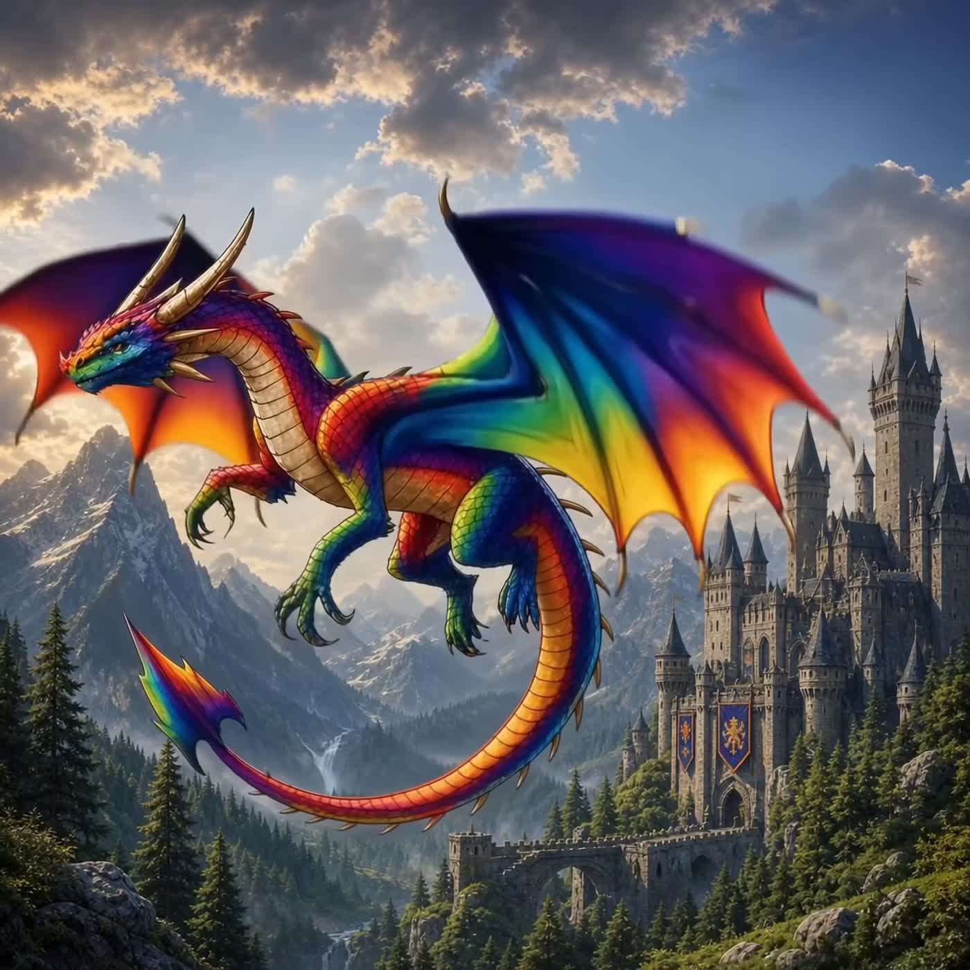 Emberwing, a rainbow dragon flying over a castle
