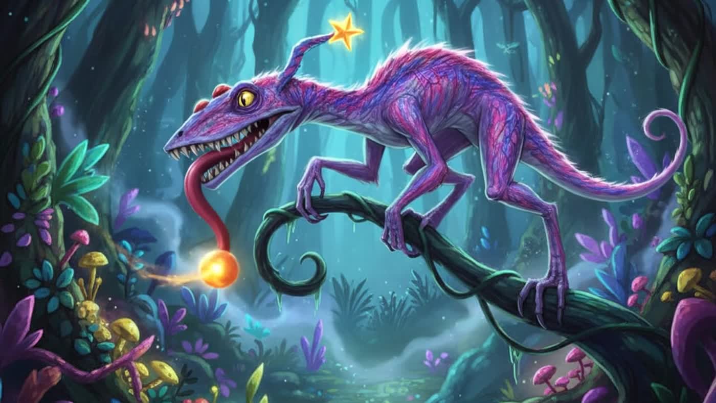 Glimmertongue, a little forest dragon catching starlight on her tongue