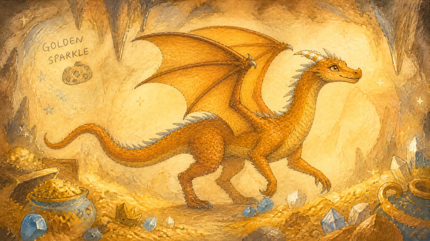 Golden Sparkle, a golden dragon in her treasure cave