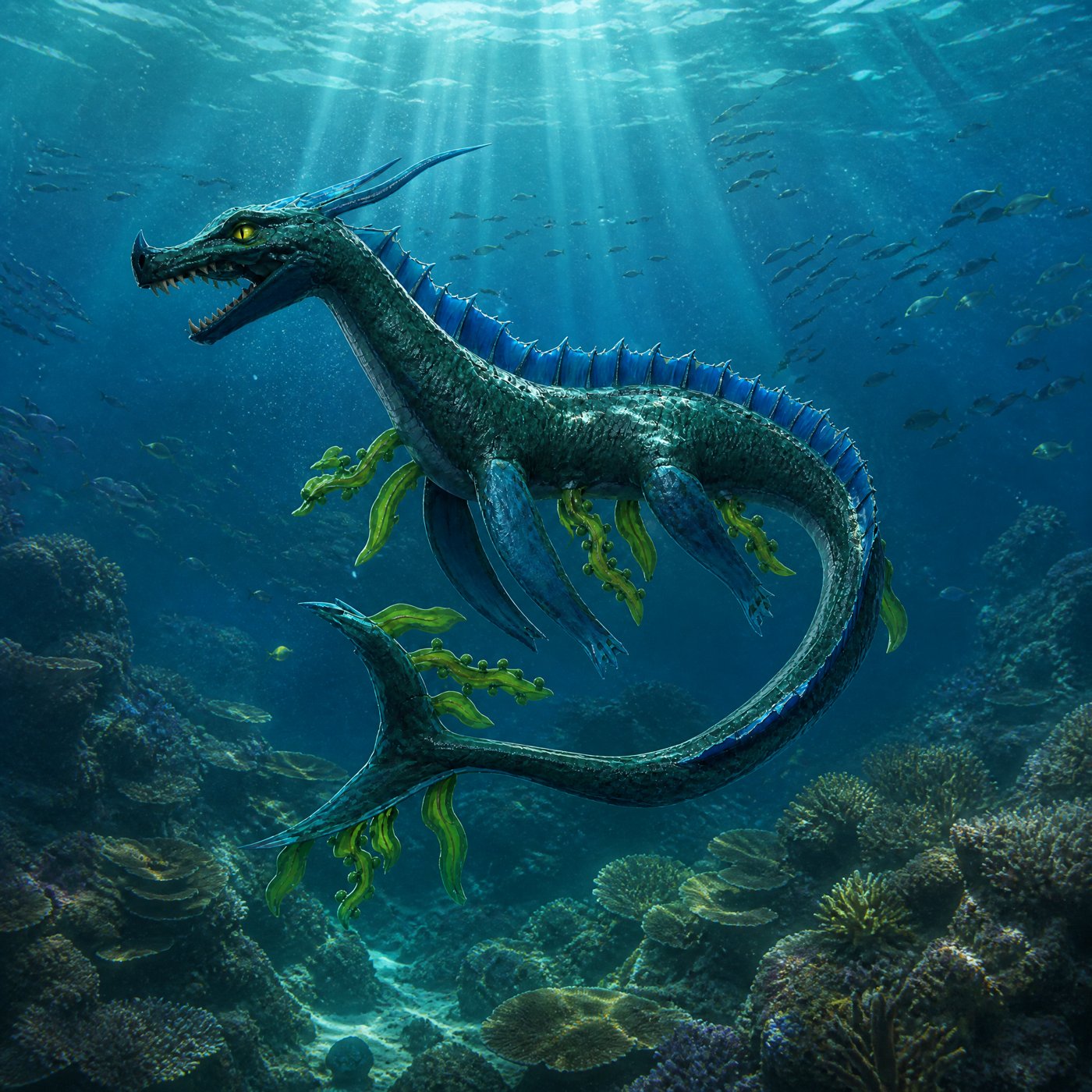 Mosafin, a serpent dragon swimming through a coral reef
